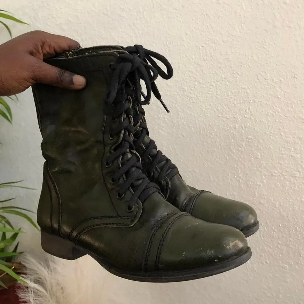 Green Steve Madden Troopa Military Combat Biker Ankle leather lace-up boots Goth